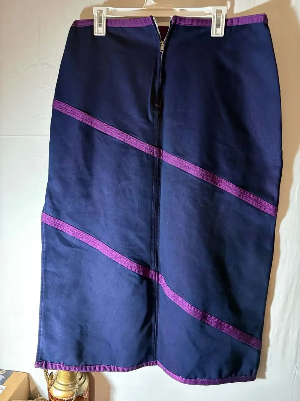 US Jean Club Vintage Navy Blue and Purple Striped Midi Skirt Size 16